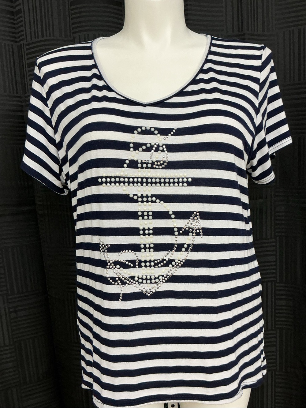 Striped Navy & White Anchor Studded Short Sleeve Tee